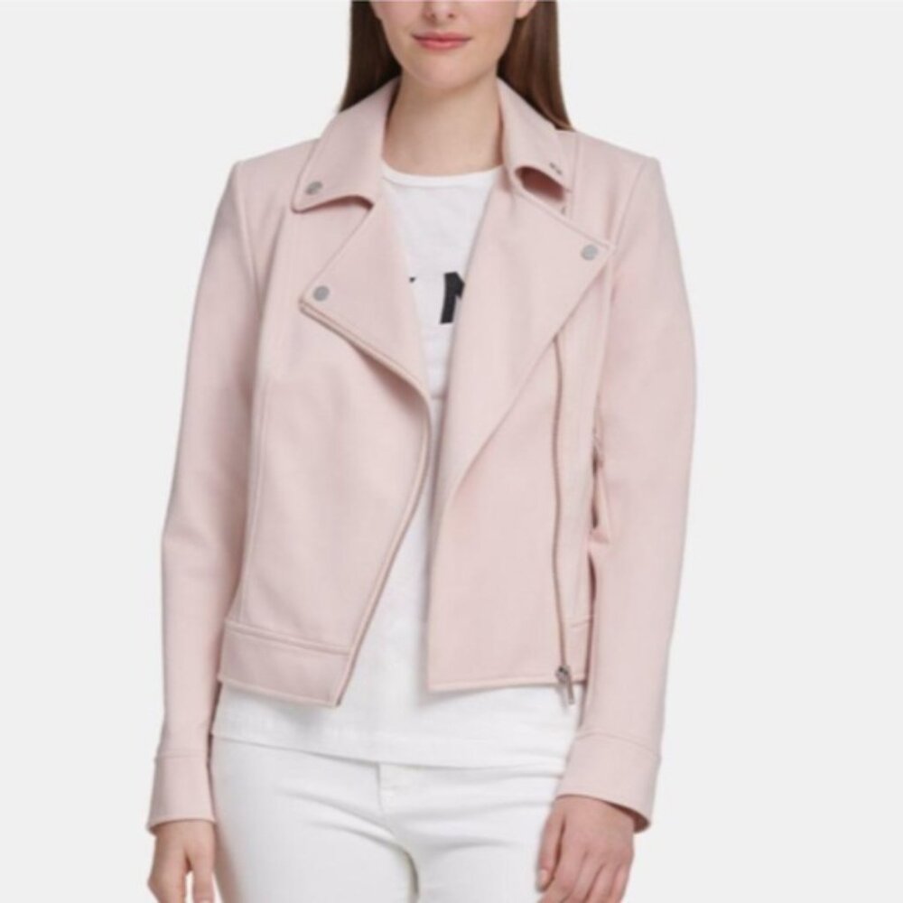 DKNY Blush Pink Asymmetrical Zip Short Moto Biker Jacket Coat Women M